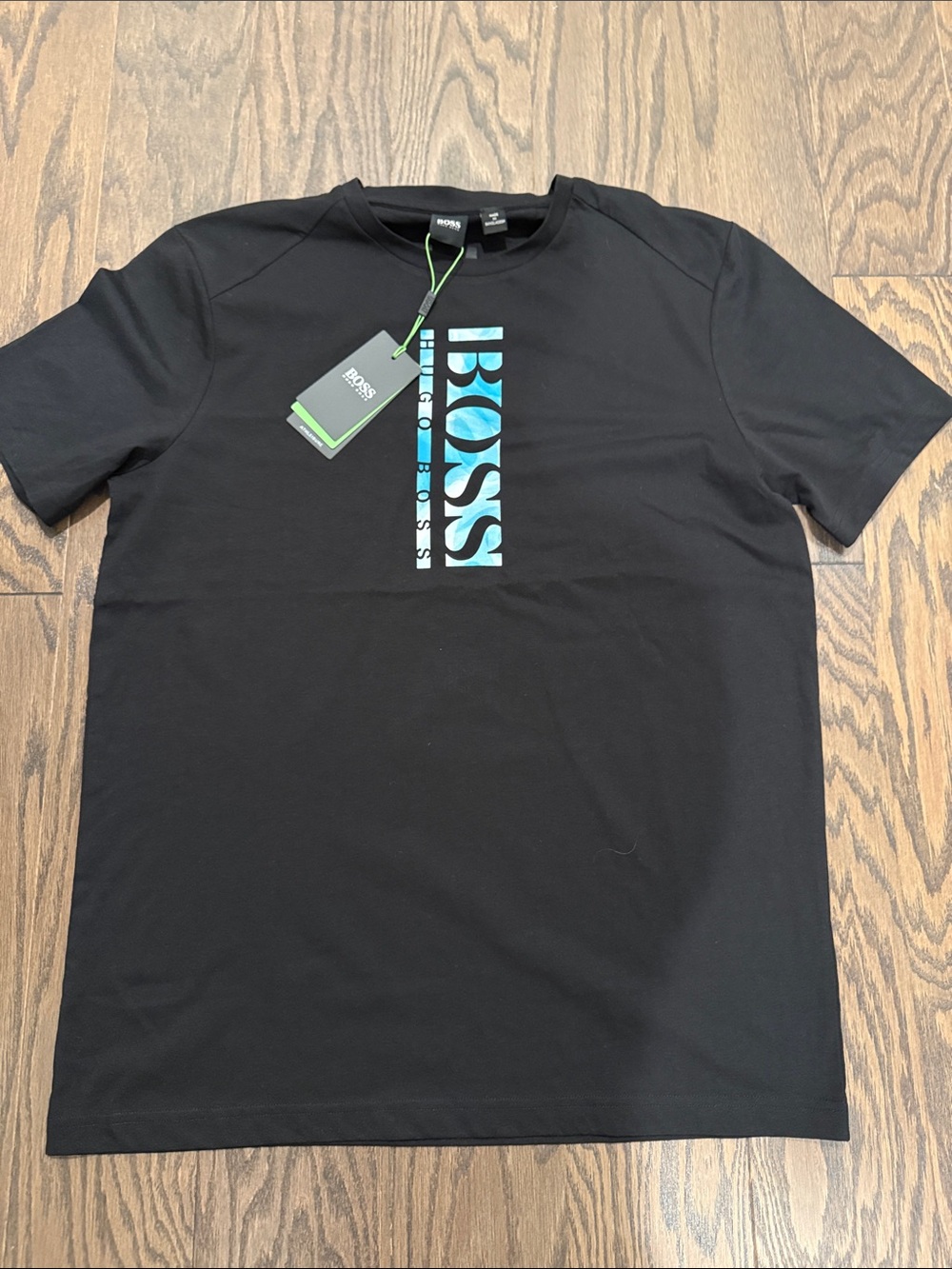 Boss Black Short Sleeve Tee with Vertical Turquoise Logo